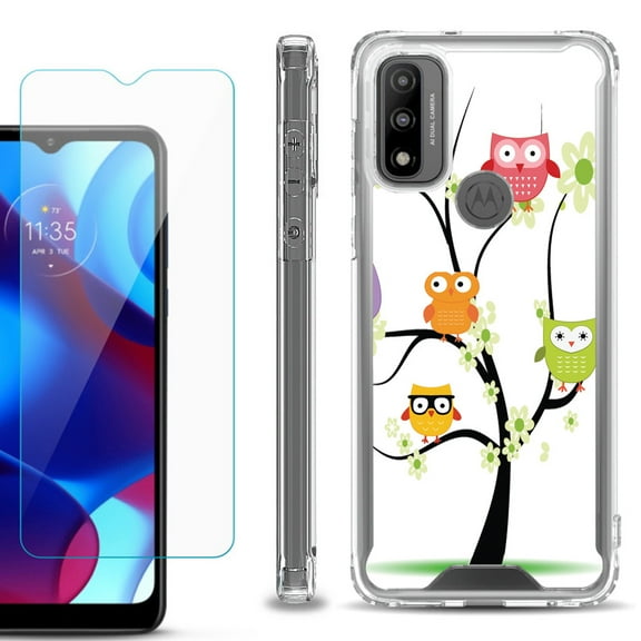 Shockproof Bumper Phone Case for Motorola Moto G Pure, with Tempered Glass Screen Protector, by OneToughShield ® - Tree Owl