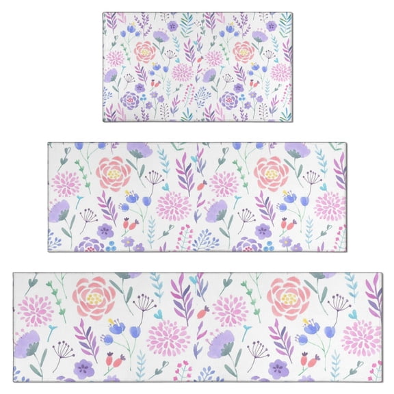 Pioneer Flower Floral Print Pattern Kitchen Rugs Sets Of 3,Kitchen Runner Rugs Non Skid Washable,Decorative Kitchen Floor Mats for Kitchen,Sink,Laundry,17"x30" 17"x47" 17"x59"