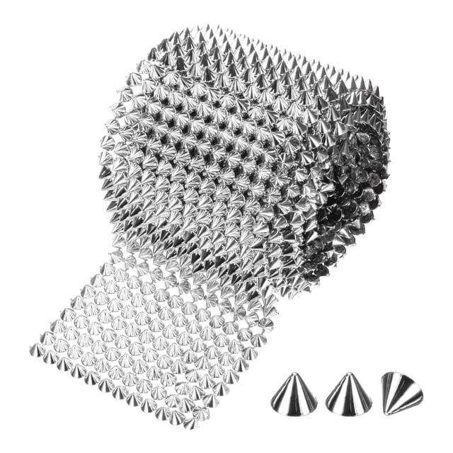 Uxcell 2 Yard Sew Stitch on Spikes Stud, 12 Rows Plastic Flat Back Spike Rivet Punk Trim Mesh Rivets Studs Beads for Clothes Bags Crafts Shoes Decoration, Plata