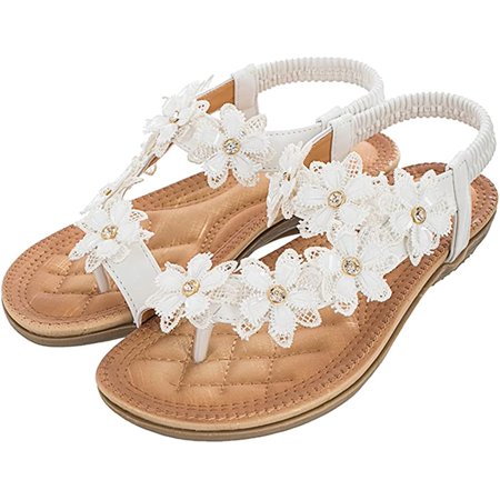 

DabuLiu Women s Flower Flat Sandals Bohemia Summer Beach Sandals Rhinestones Elastic Strap Sandals Shoes for Travel Outdoor