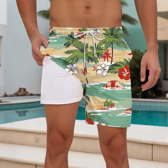 PNTUTB Hawaiian Men's Summer Fashion Printed Elastic Drawstring Double Layer Beach Shorts with Pockets