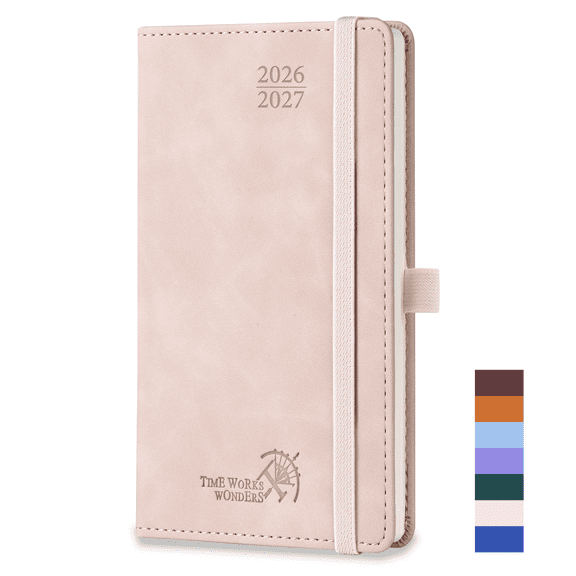 POPRUN Pocket Planner 2026-2027, 3.5" x 6.5", 17-Month (Aug 2026 - Dec 2027) Academic Pocket Calendar Book for Purse, Weekly and Monthly Layouts, Vegan Leather Hardcover - Soft Pink