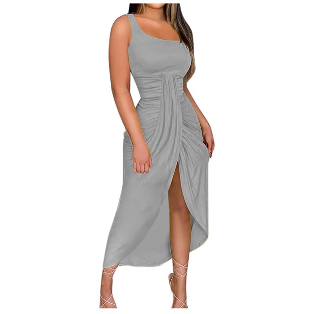 BLVB Plus Size Summer Cocktail Dresses for Women Off the Shoulder Ruched Long Dress Split Party Club Beach Sundress