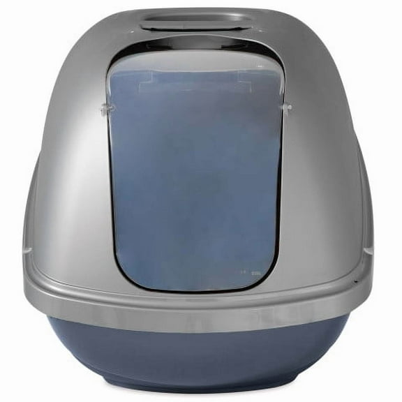 Petmate Jumbo Basic Hooded Plastic Cat Litter Pan, Enclosed Cat Litter Box, XL, Pearl Silver Blue