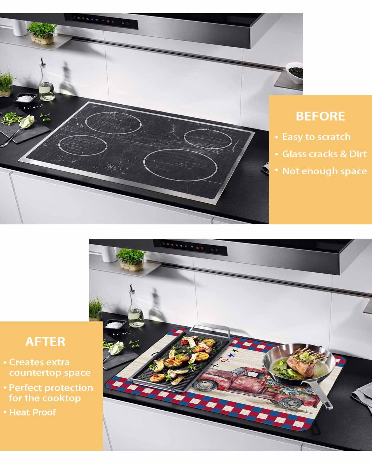 nqOlkjepod Large Induction Cooktop Protector Mat 24"x21", 4th of July Stove Top Covers for Electric Stove, Red Blue Plaid Truck Floral Star Rustic Stove Burner Cover Mats, Glass Top Stove Cover