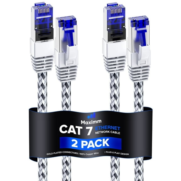 Cat7 Ethernet Cable 8ft, 2-Pack (White) - Braided High-Speed Network LAN Cables for Gaming, Streaming, Router, Modem, PC, PS5, Xbox - Durable & Tangle-Free Design, 2-Pack