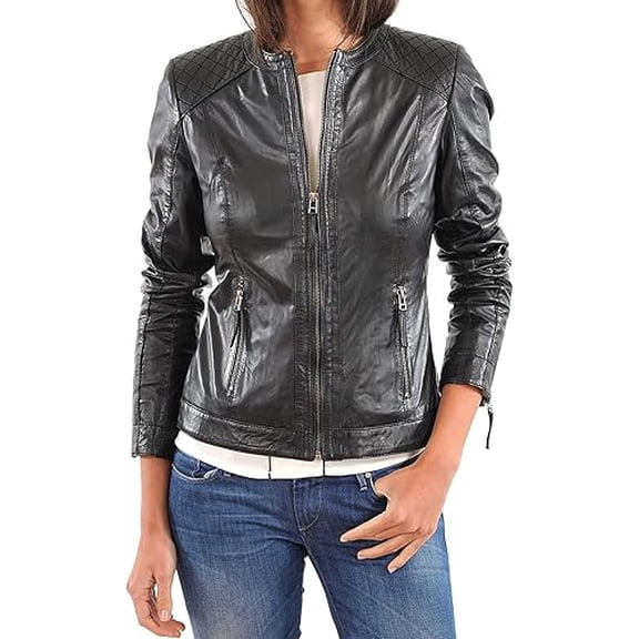 Women's Black Lambskin Real Leather Stylish Jacket Biker Motorcycle Slim Fit Coat W560