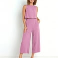 thumbnail image 2 of Dazajoo Womens Linen Sets Plus Size Round Neck Sleeveless Tops and Wide Leg Capri Pants with Pockets 2025 Summer Beach Vacation Lounge Suits,Pink,L, 2 of 9