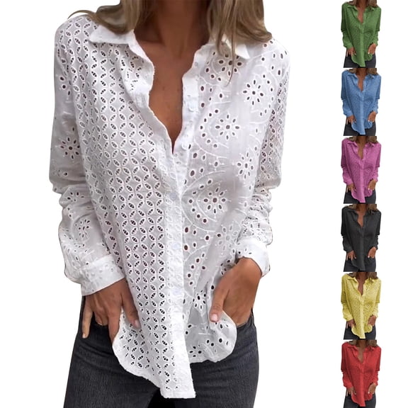 Women's Lace Embroidered Blouse Long Sleeve Button Up Fashion Hollow Detail Shirt