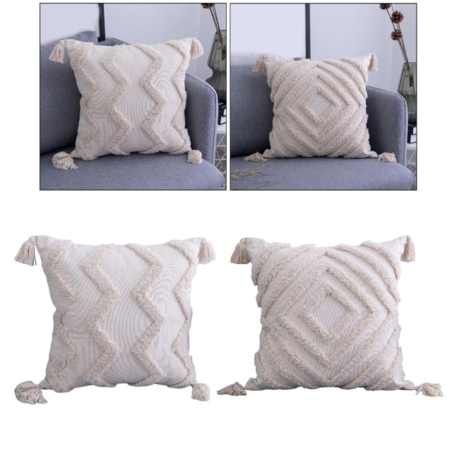 2 piezas de de almohada boho: de almohada decorativas de con mechones tejidos, borlas para sofá cama, de cojines soledad funda de almohada borlas Beige 45x45 cm. Fundas de lino algodón con tejido tufted frontal y mechones, cremallera invisible en el borde, reverso liso beige de algodón-poliéster; patrón geométrico texturizado y borlas en las esquinas, mostradas sobre sofá gris; también suelen usarse como cojines decorativos para sala o dormitorio.