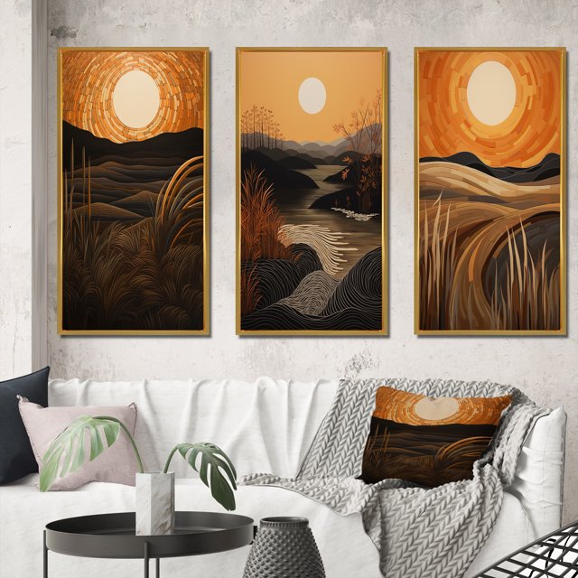 Designart "Retro Mountain Meadows Golden Sunset III" Meadow Framed Wall Art Set Of 3 - Orange Traditional Frame Gallery Set For Office Decor