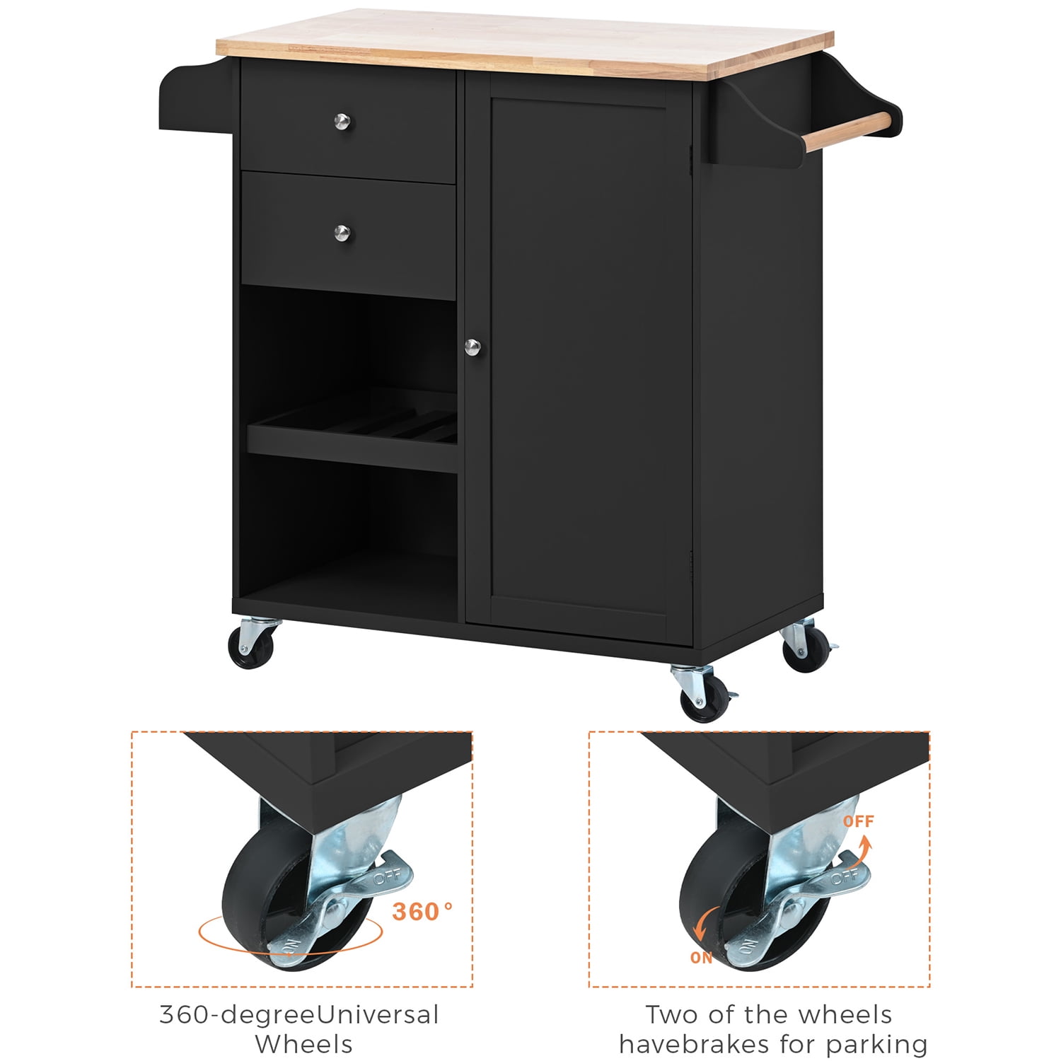 Kepooman Kitchen Cart with Spice Rack, Towel Rack & Two Drawers, Kitchen Island on Wheels for Your Daily Food Preparation, Black Kepooman Kitchen Cart with Spice Rack, Towel Rack & Two Drawers, Kitchen Island on Wheels for Your Daily Food Preparation, Black