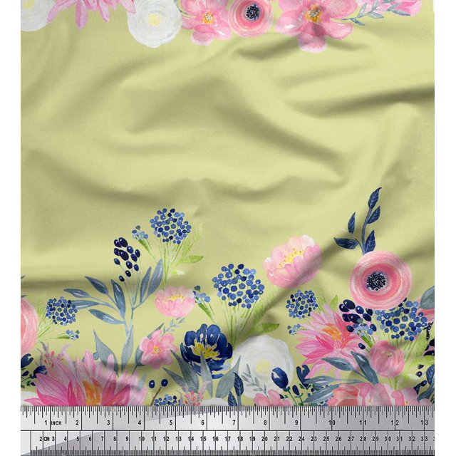 Soimoi Tissu en Poly Georgette Beige Imprimé Floral Ranunculus & Chrysanthème au Mètre 52 Pouces de Large