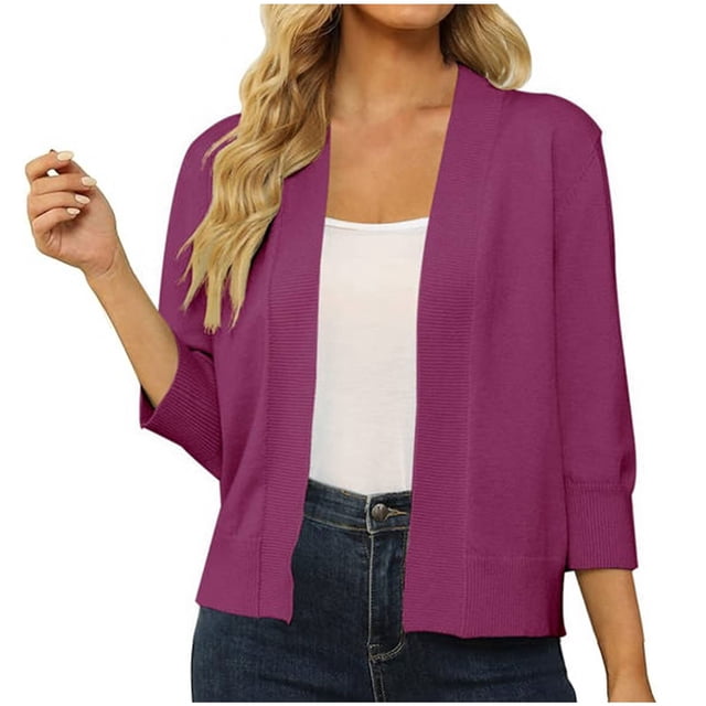 Penkiiy Cardigan Court en Tricot à Manches 3/4 pour Femmes, Manteau Boléro Ouvert m Rouge
