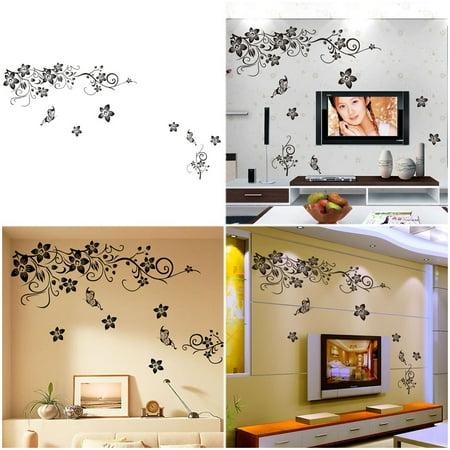 Branch Wall Decal Creative Removable Wall Sticker PVC Flowering Branch & Butterfly Wall Art Decals for Home Living Room ()