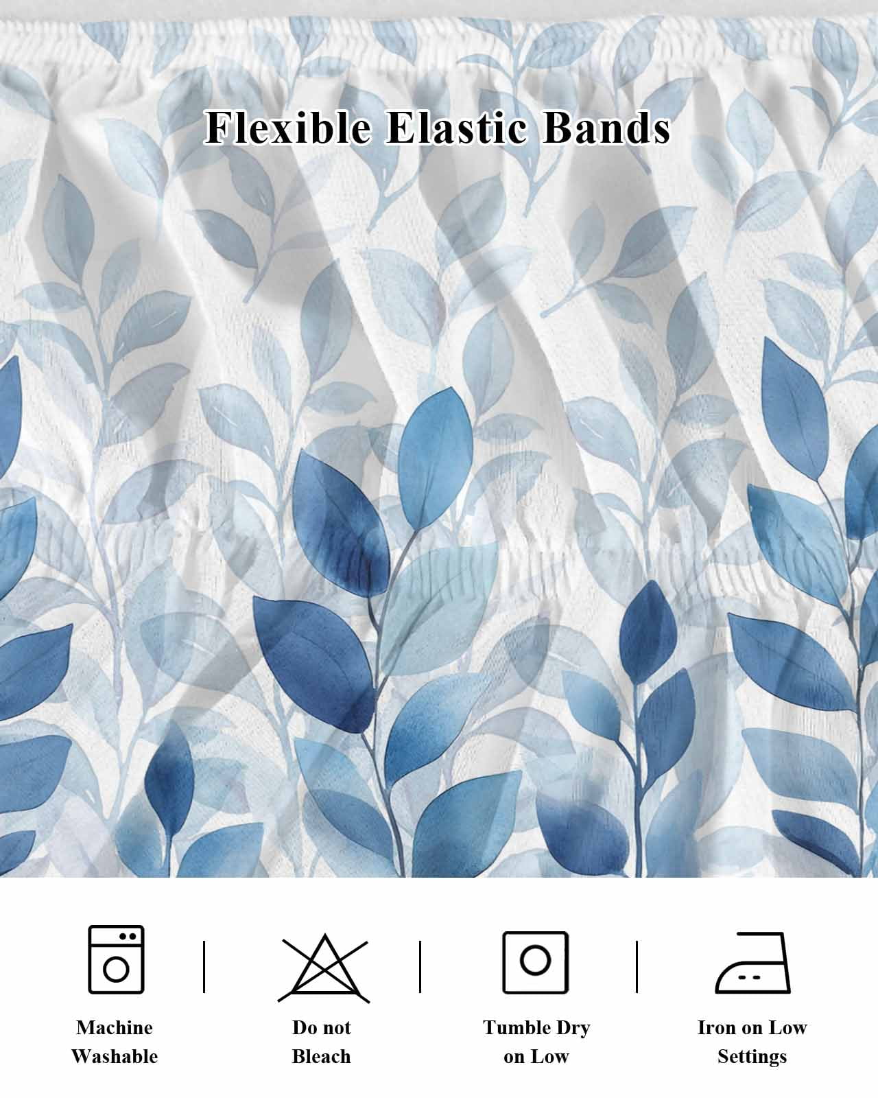 Blue Leaf Bed Skirt Queen Size, Watercolor Country Plant Monochrome Branch Wrap Around Bed Skirting with Adjustable Elastic Strap, Dust Ruffle Pleated Bedskirts 16 Inch Drop for Bedroom Queen Beds