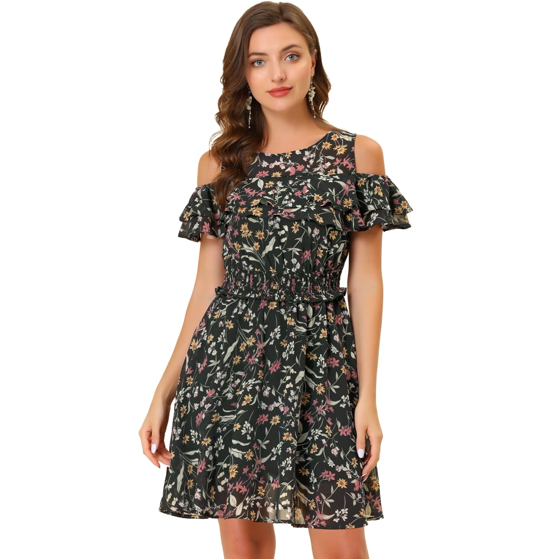 Black floral cold shoulder dress discount