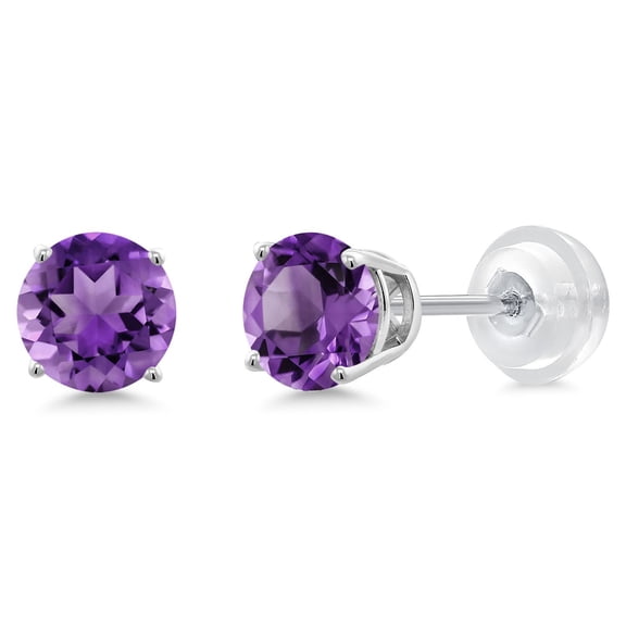 Gem Stone King 14K White Gold Stud Earrings with Comfort Back Purple Amethyst Women (0.90 Ct Round 5MM)