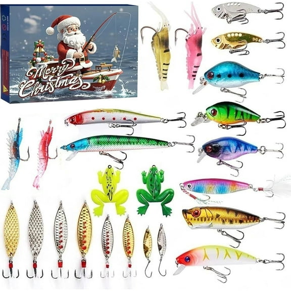 Fishing Advent Calendar 2024 Adult Men Teen Boys, 24 Days Christmas Countdown Calendar Fishing Lure Baits Tackle Set with Minnow Crankbait VIB Spoons Popper Gifts for Anglers