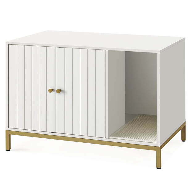Feandrea Mueble Arenero, Mueble de Caja Arenero para Gatos,con Alfombrilla Rascadora, Patas Altas, 80 x 50 x 55 cm, Blanco y Dorado