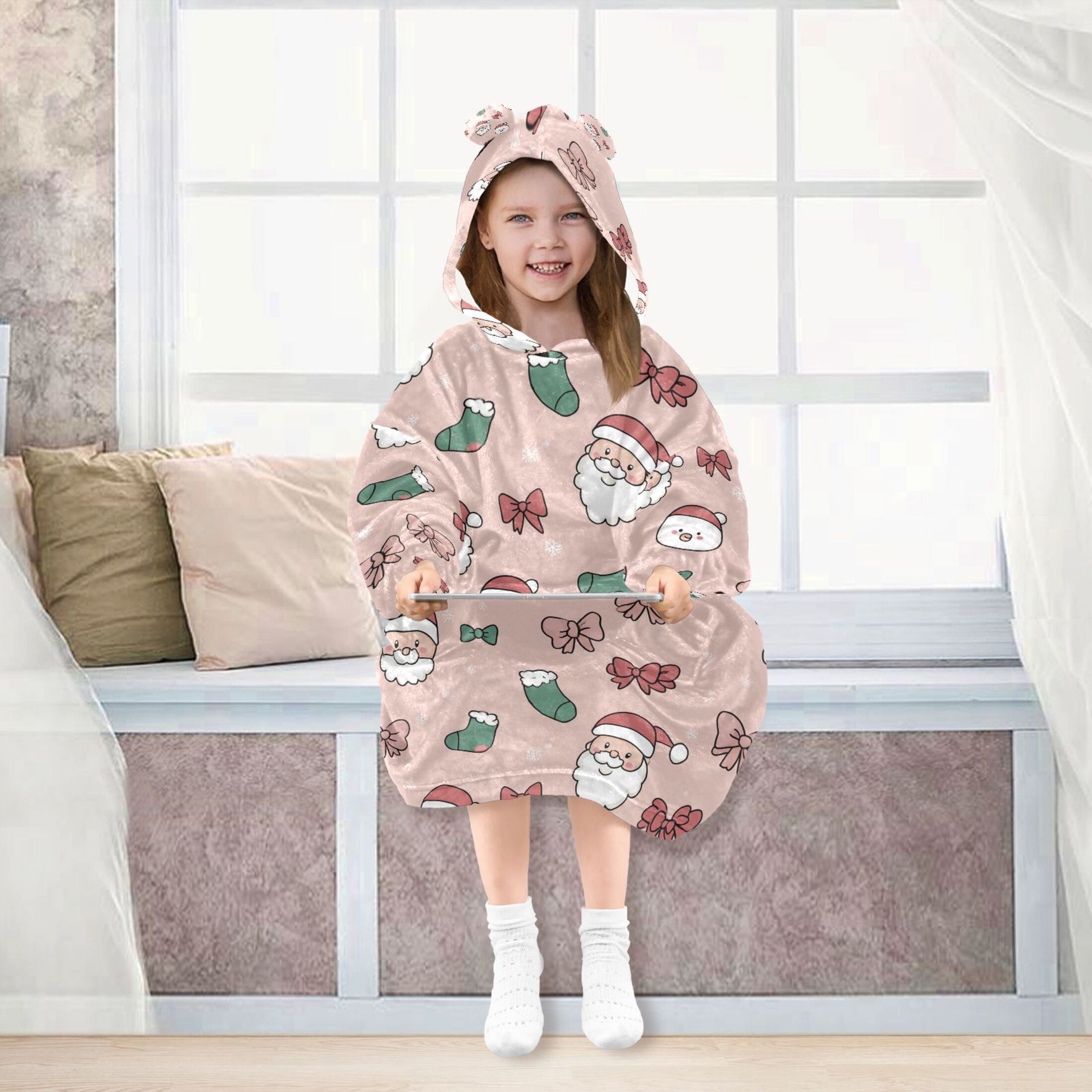 Wearable Blanket Hoodie for Cute Santa Claus and Bow Christmas Socks Flannel Hooded Blanket with Pockets and Sleeves Suitable