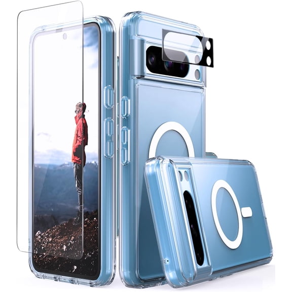 CaseBorne Compatible with Google Pixel 8 Pro Case - [5-in-1] Ultra Clear Hybrid [Anti-Yellowing], Magnetic Compatible, with Screen Protector and Cameras Shield - Crystal Clear