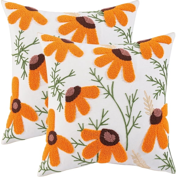 lkijhrd Embroidered Throw Pillow Covers 18x18 Inch  Pink Magnolia Flower Spring Pillowcases Farmhouse Canvas Square Cushion Covers for Living Room Sofa Bed