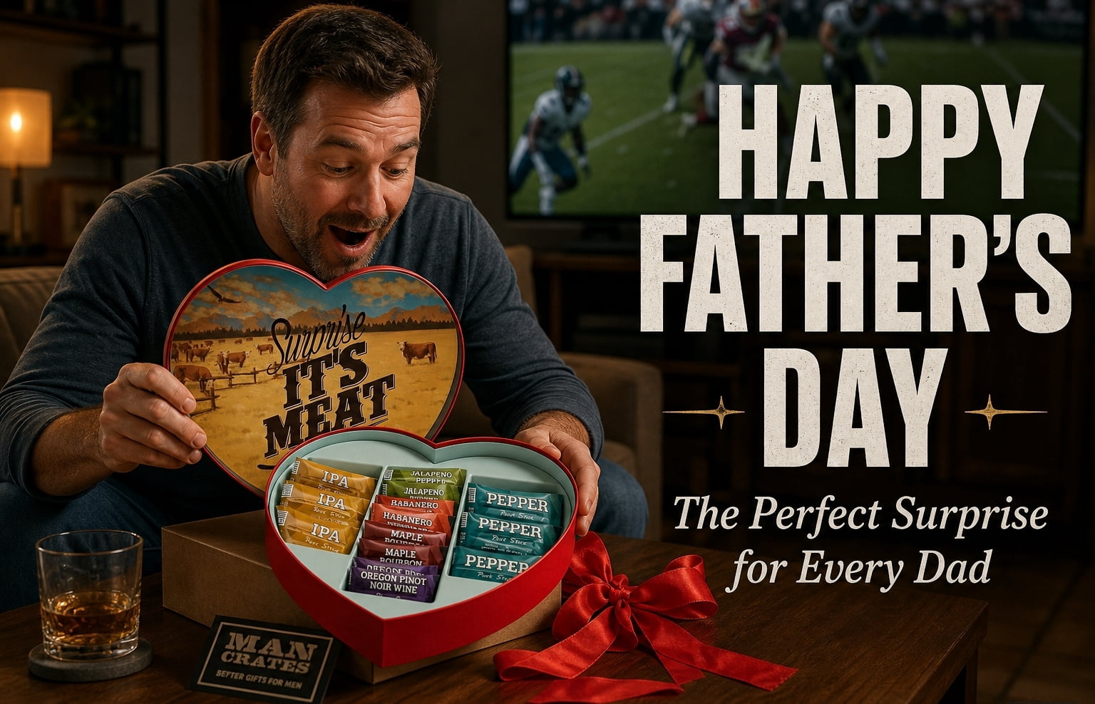 Man Crates Jerky Heart, Beef Sticks Snack Pack with Flavors Like Habanero and Maple Bourbon for Father's Day Gifts