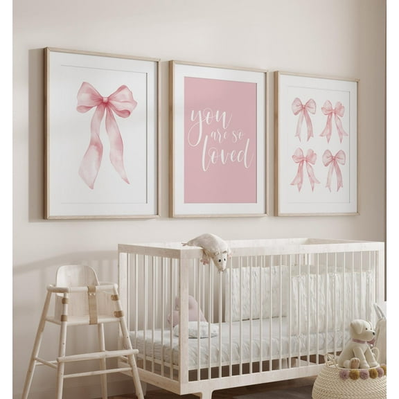 UNFFRAMED Pink Bow Nursery Poster You Are So Loved Girls Room Decor, Bow Nursery Wall Art Bow Posters, New Baby Bow Picture Set Of 3 24A Set 3 Prints 8x12