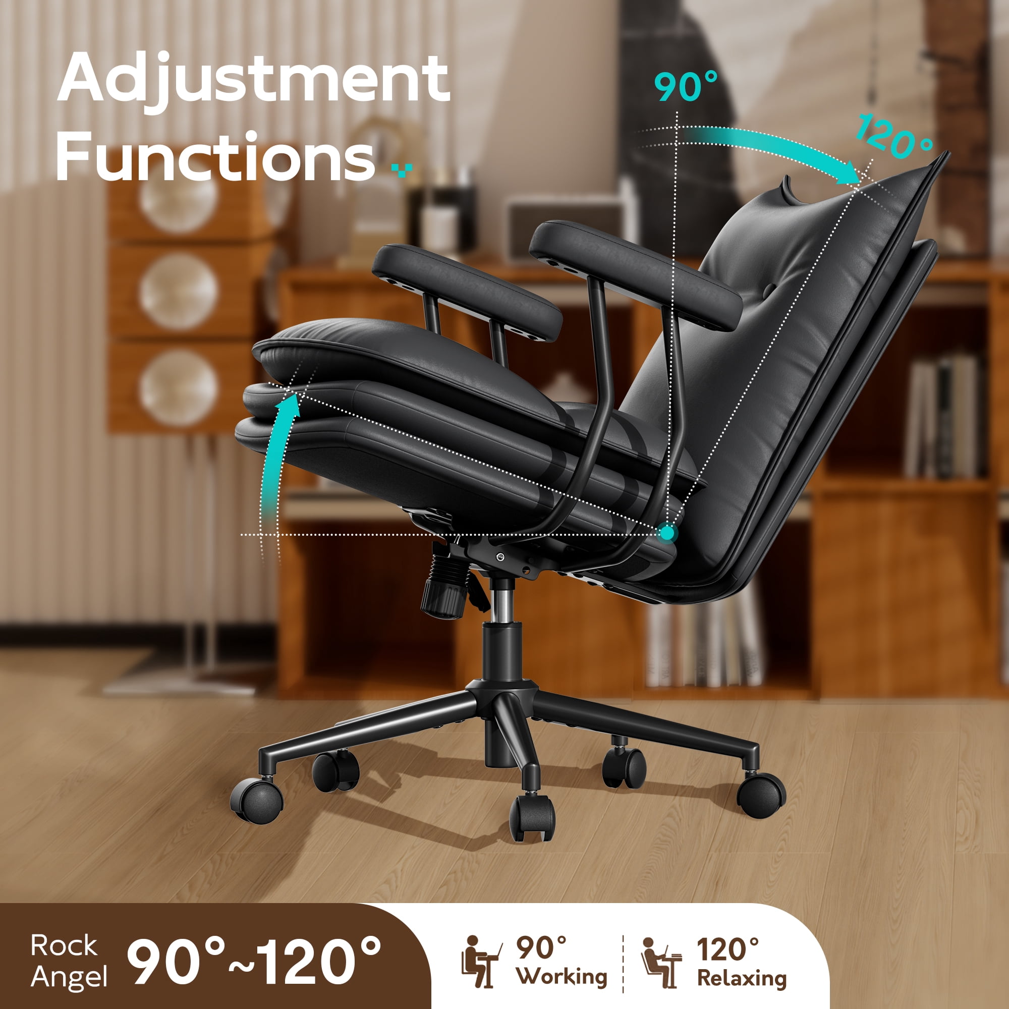 iooHug Ergonomic Black Office Chair, PU Leather Desk Chair with Thick Cushioned Seat, Mid Back Swivel Office Chair for Home Office & Study, Adjustable Height, 300 LBS