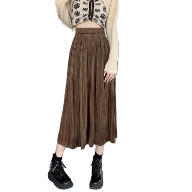 Txlixc Falda plisada de terciopelo para mujeres casual color sólido falda elástica de cintura a larga en otoño, adecuada para usar en la calle Txlixc moda