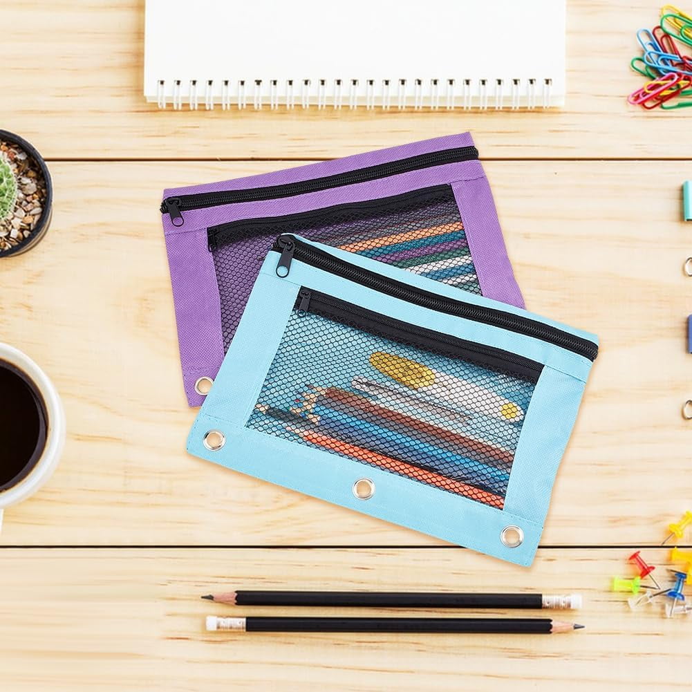 7 Colors Pencil Pouches Zippered for 3 Ring Binder with Smooth Zippers Dual-Pockets Mesh Window Pencil Case Cosmetic Bag Organizer for Storing Classroom Office Home Stationery Supplies