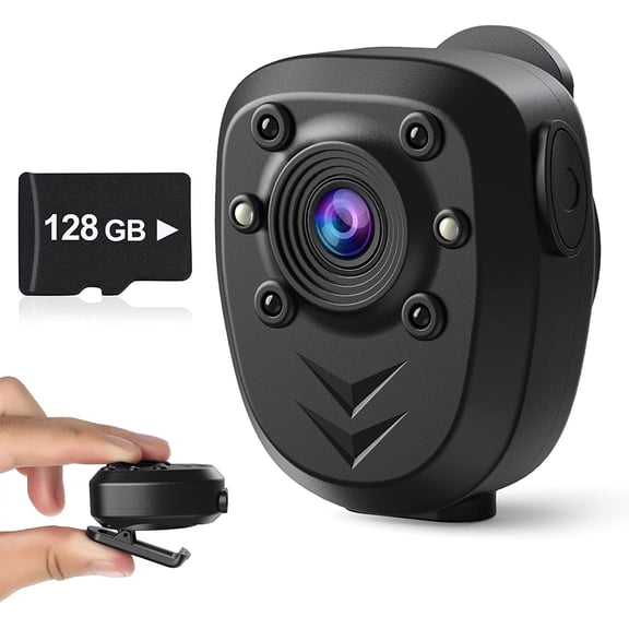 Mini Body Camera Video Recorder Built-in 128GB Memory Card with Night Vision IR & Loop Record HD 1080P, 4-6 HR Battery Life Wearable Police Cam for Home, Outdoor, Law Enforcement, Security Guard
