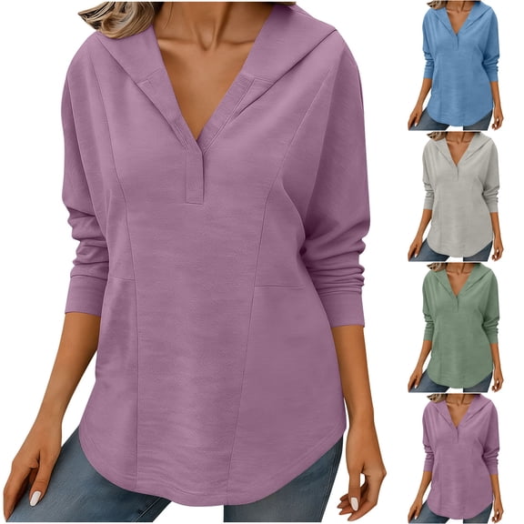 FNFYFH Hoodies for Women Long Sleeve V Neck Hoodie Shirt Curve Hem Tunic Tops Pullover