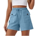thumbnail image 2 of BUIGTTKLOP Cotton Linen Cargo Shorts for Women Drawstring High Waisted Casual Shorts Wide Leg Lounge Shorts with Pockets, 2 of 6