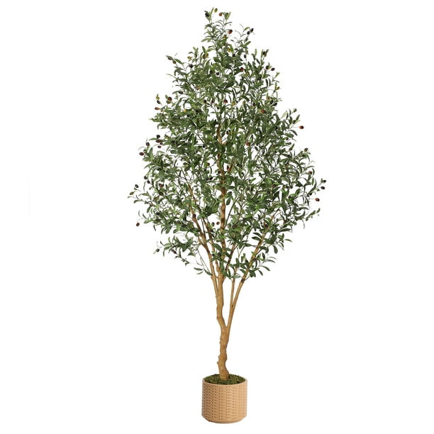 Yeshouse Olivo artificial de interior, planta artificial realista con maceta de paja y tronco de madera. Árbol artificial realista para decoración del hogar, la oficina y el salón