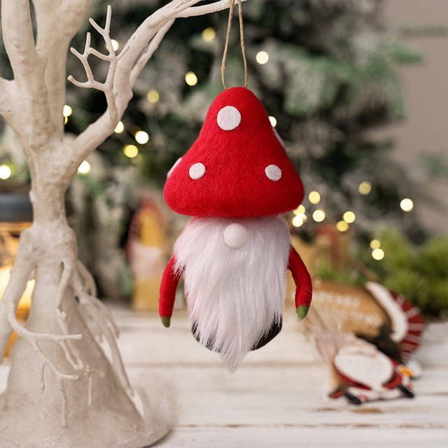 Adorno Navideño de Anciano Enano | Colgante Decorativo de Gnomo Sin Rostro con Forma de Seta de Lana | Poliéster Rojo | Decoración Navideña | 14 G
