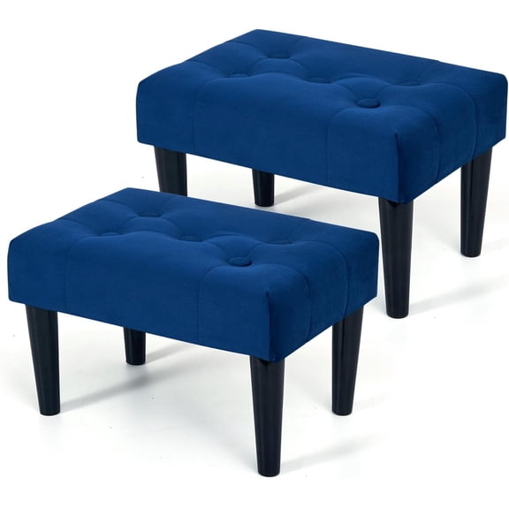 Small Footstool Ottoman, Velvet Soft Foot Stool Ottoman with Wood Legs, Sofa Footrest for Living Room Entryway Office (Blue 2Pack)