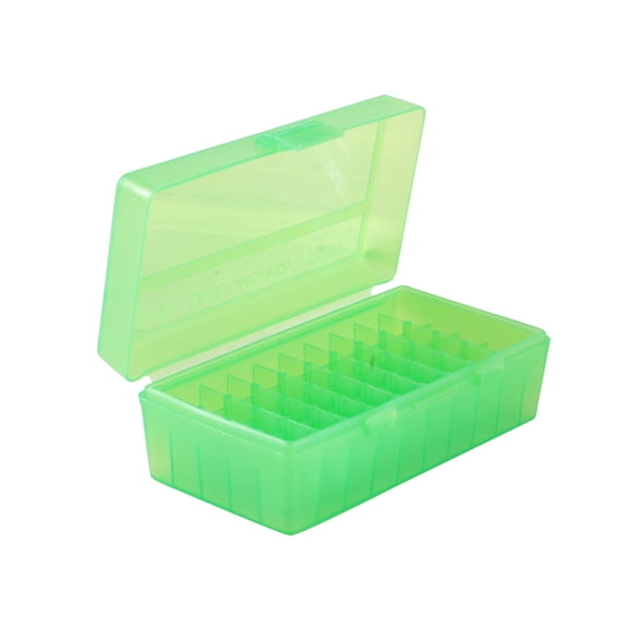 MTM Flip Top Ammo Box 41 Remington Magnum, 44 Remington Magnum, 45 Colt (Long Colt) 50-Round Plastic Clear Green