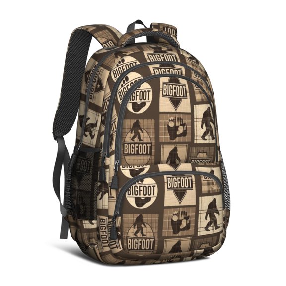 Bigfoot and Paw Print Brown Pattern Backpack for School, Cute School Bag with Adjustable Shoulder Straps and Padded Back, 16.9"x12.6"x5.9"
