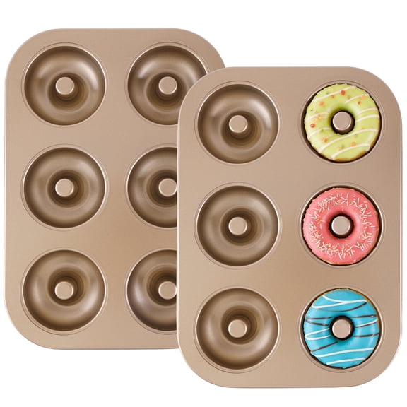 Yalumo Donut Pan for Baking, Nonstick 2 Pack Donut Pan Set, 6-Cavity Doughnut Baking Pan, Carbon Steel Donut Molds Tray for Baking, Gold Bagel Baking Pan for Oven Kitchen