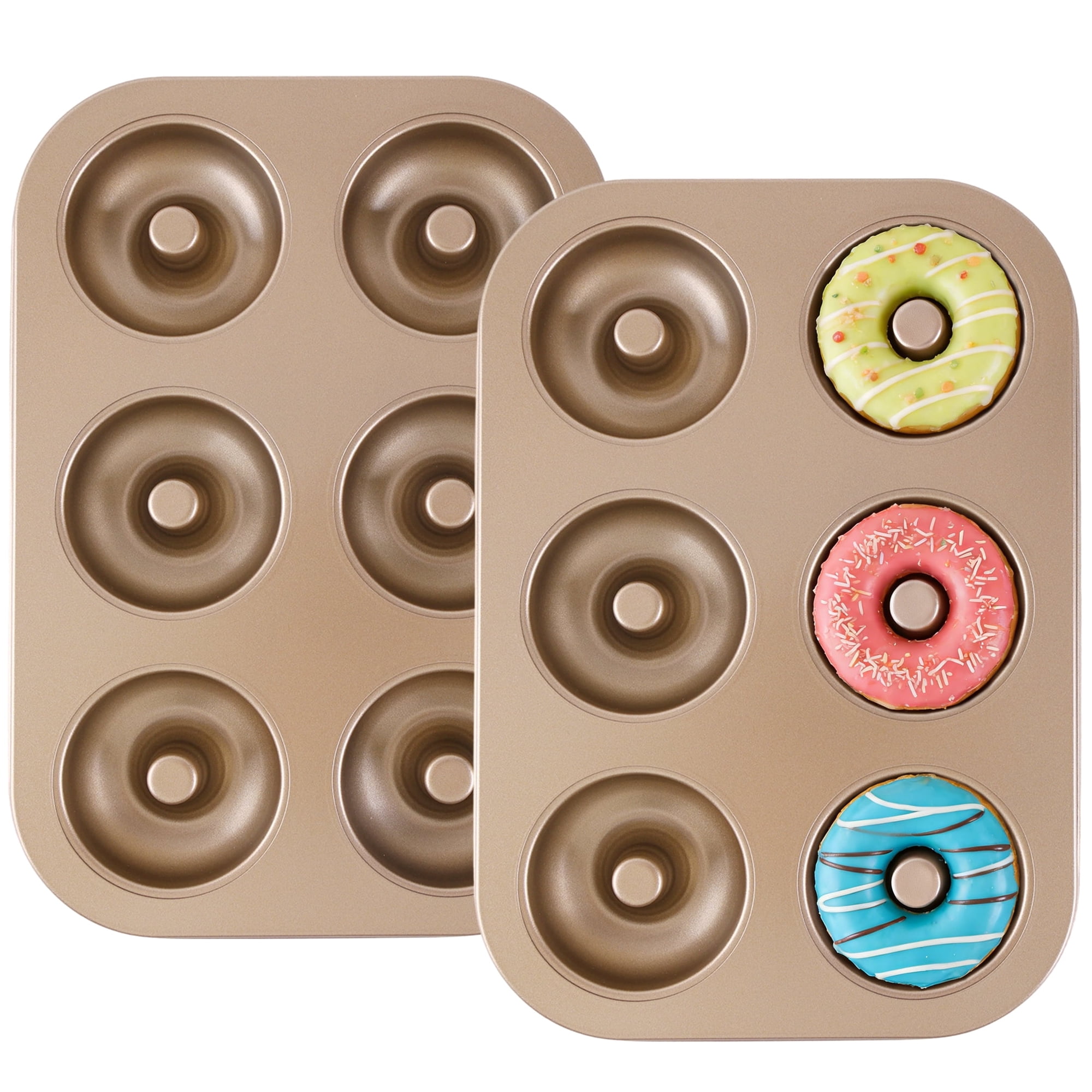 Yalumo Donut Pan for Baking, Nonstick 2 Pack Donut Pan Set, 6-Cavity Doughnut Baking Pan, Carbon Steel Donut Molds Tray for Baking, Gold Bagel Baking Pan for Oven Kitchen