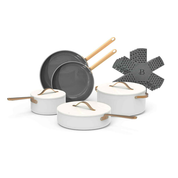 Beautiful 12pc Ceramic Non-Stick Cookware Set, White Icing, by Drew Barrymore