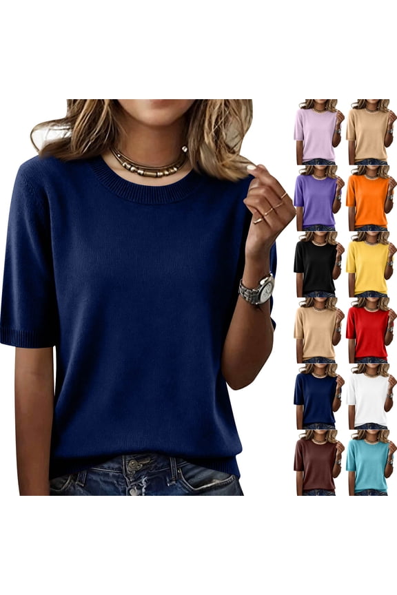 Women's Lightweight Knit Tops Crew Neck Short Sleeve Wool Blend Sweater Shirts Soft Breathable Business Daily Wear Summer Dressy Casual Blouses, #01 Dark Blue, XXL