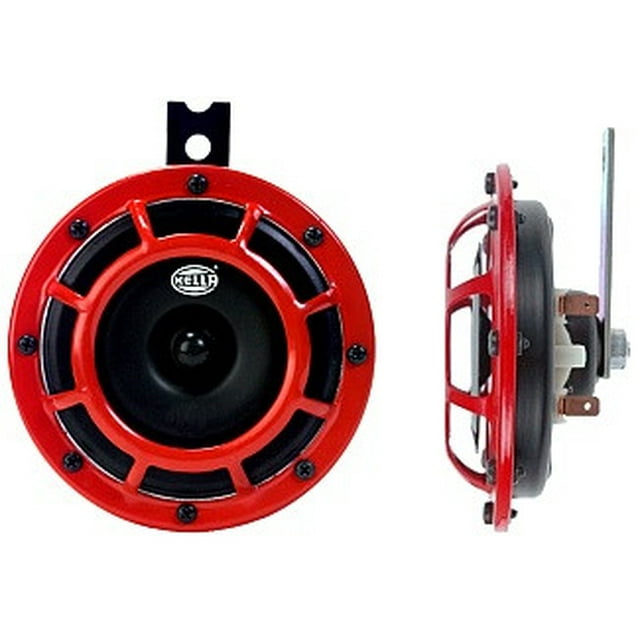 Hella Klaxon 003399801 un 500 Hertz Ton Haut/un 300 Hertz Ton Bas Corne; 118 Décibels; 12 Volts/5,5 Ampères; Rond de 4,7 Pouces; Noir avec Grille Rouge; Acier