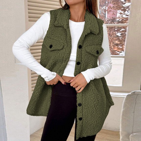 Guieoi Plus Size Jackets for Women Women's Loose Solid Color Casual Lapel with Button Jacket Tops Green