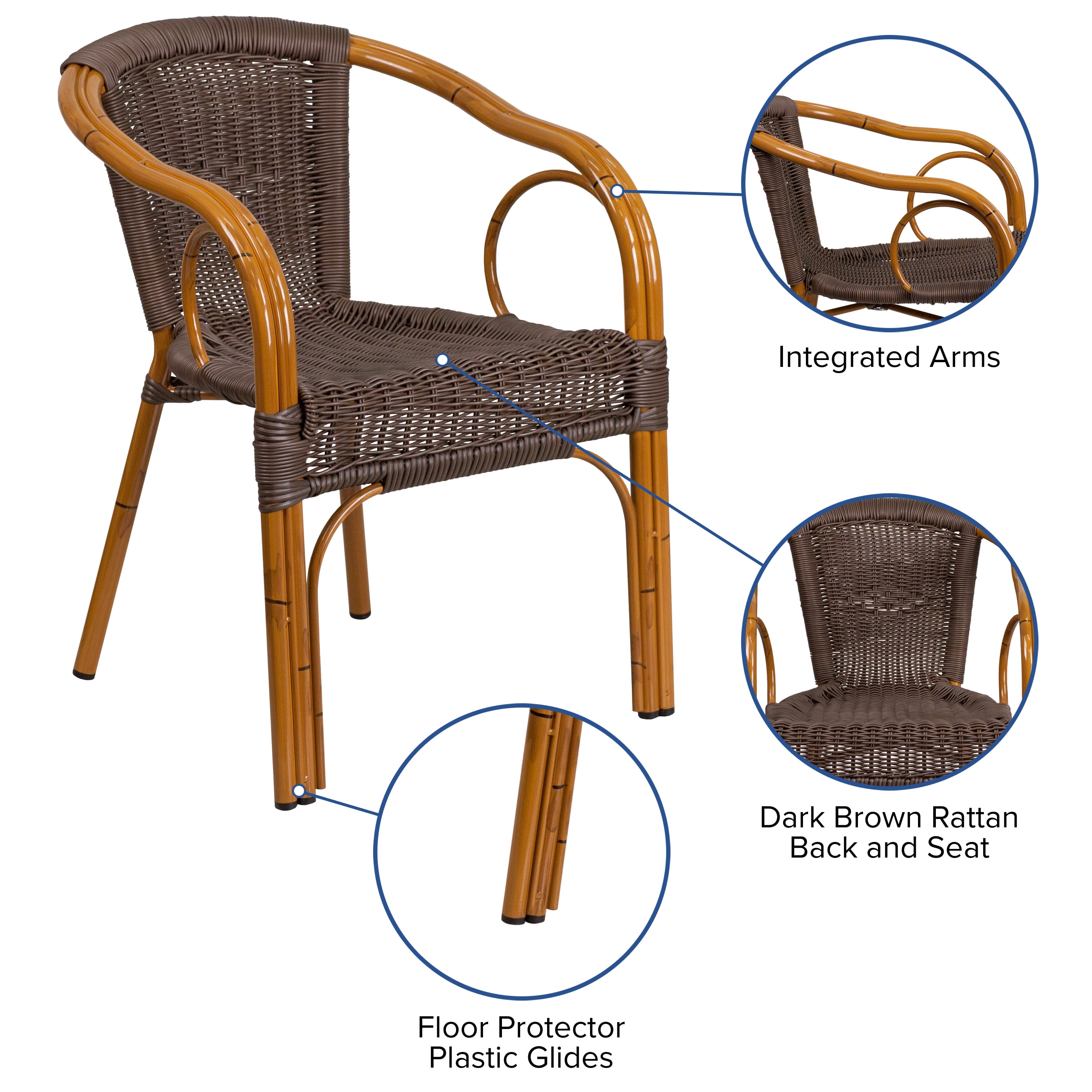 Merrick Lane Stacking Rattan Patio Chair with Bamboo-Look Aluminum Frame, Dark Brown/Red