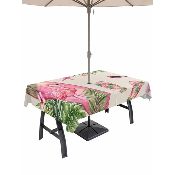 Outdoor Tablecloth with Umbrella Hole for Patio/Picnic/Party/Camping, Summer Flamingo Waterproof Table Cloth Rectangle Table Cover Washable, Tropical Plants Botanical Floral Rustic (60"x 84")