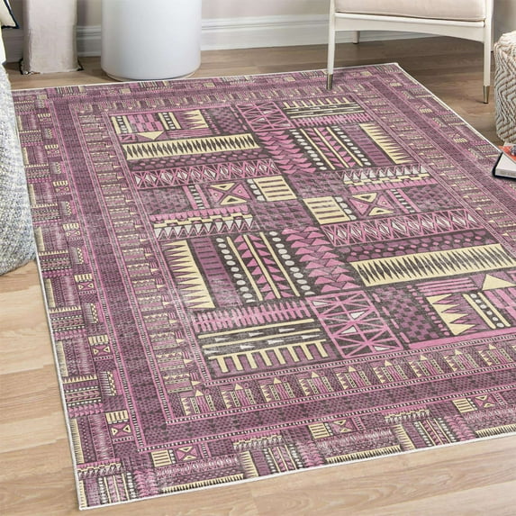 Tribal Decorative Rug, Ethnic Folk Ornaments Zigzags Dots and Curves in Modern Geometric Influences, Quality Carpet for Bedroom Dorm and Living Room, 6 Sizes, Dark Fuchsia, by Ambesonne