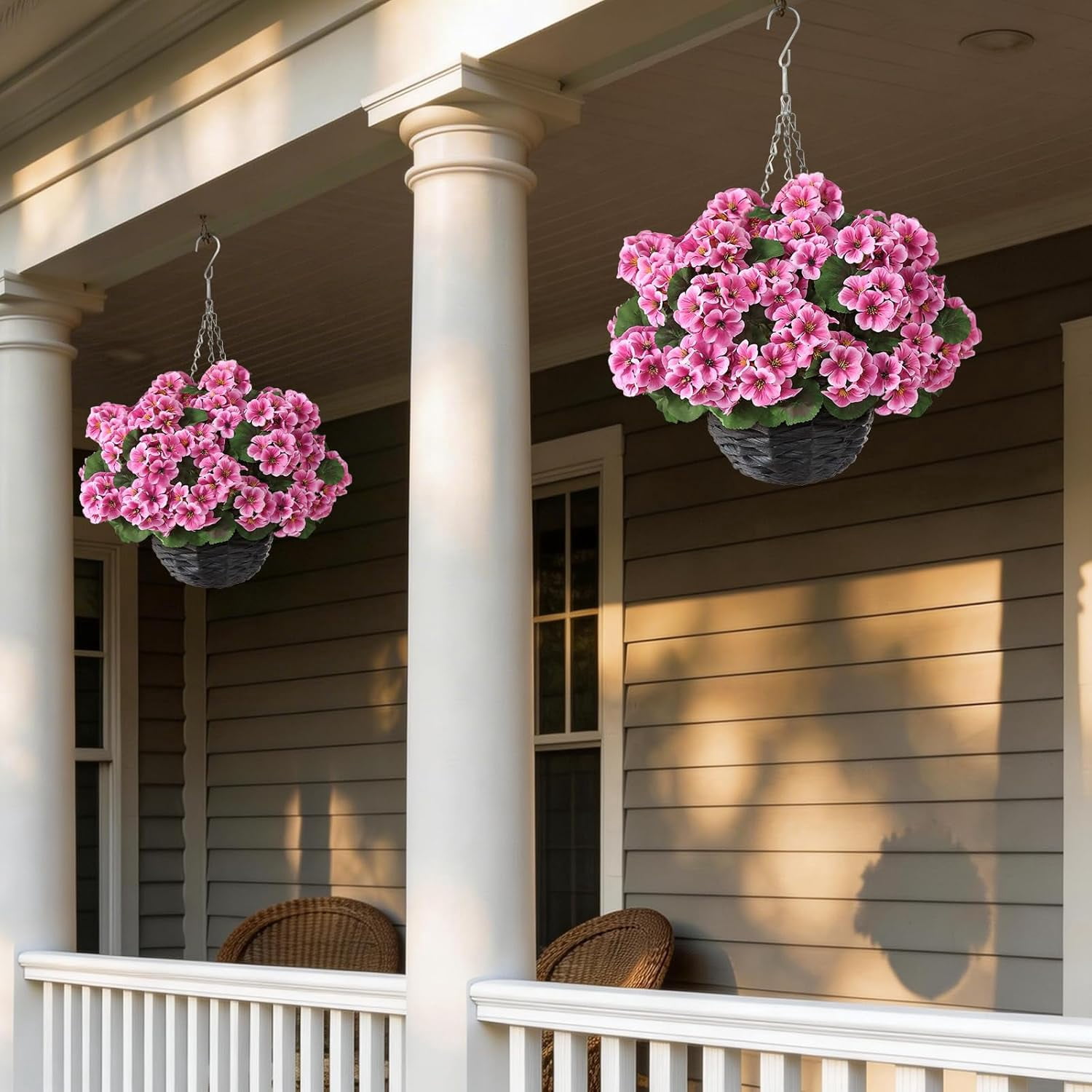 2 Set Artificial Geraniums Flowers with Hanging Baskets for Outdoors - Sun Resistant Silk with Geranium Flowers, Fake Hanging Planters for Front Porch Garden Patio Home Decor (Pink)
